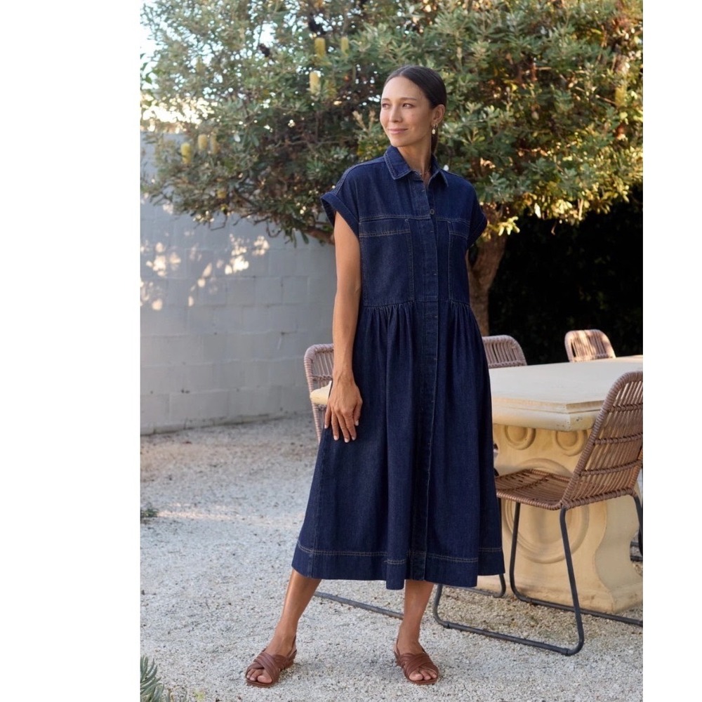 MAYE Harper Denim Dress Indigo Blue Midi Short Sleeve Button Front Relaxed 2X - Picture 2 of 7
